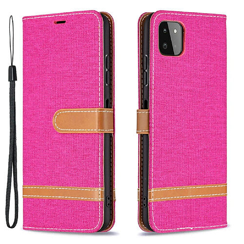 Etui en PU Tissu de jeans de couleurs assorties avec dragonne rose pour votre Samsung Galaxy A22 5G (EU Version)