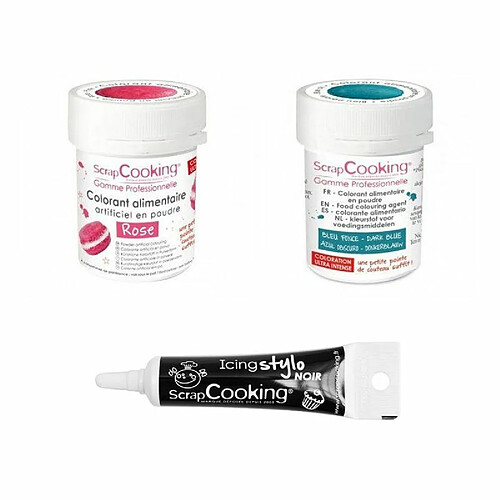 Scrapcooking 2 colorants alimentaires rose-bleu foncé + Stylo glaçage noir