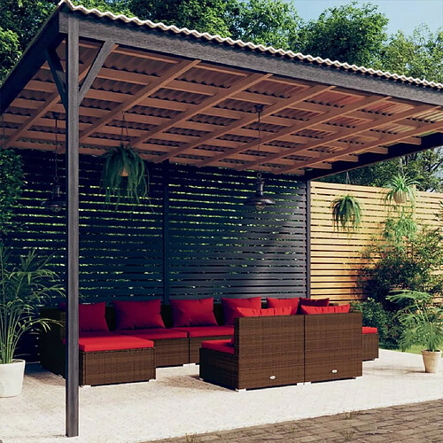 vidaXL Salon de jardin avec coussins 9 pcs marron résine tressée