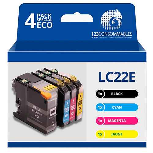 123CONSOMMABLES - LC-22E - Pack 4 cartouches compatibles avec BROTHER MFC-J5920DW LC22E (1 Noir / 1 Cyan / 1 Magenta / 1 Jaune)