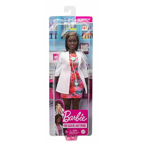 Barbie Métiers poupée docteure brune en robe à fleurs avec blouse blanche et stéthoscope, jouet pour enfant, GYT29