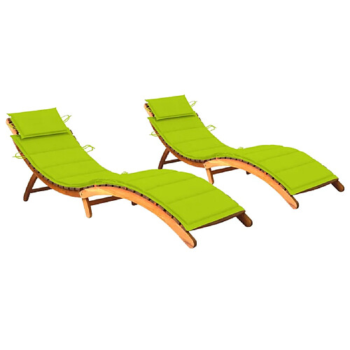 Helloshop26 Lot de 2 transats chaise longue bain de soleil lit de jardin terrasse meuble d'extérieur avec coussins bois d'acacia solide 02_0012066