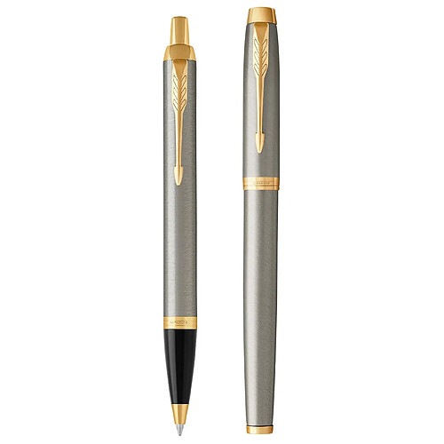 Parker IM Duo Coffret-cadeau avec Stylo Bille et stylo roller | finition métal Brossé avec attris Or