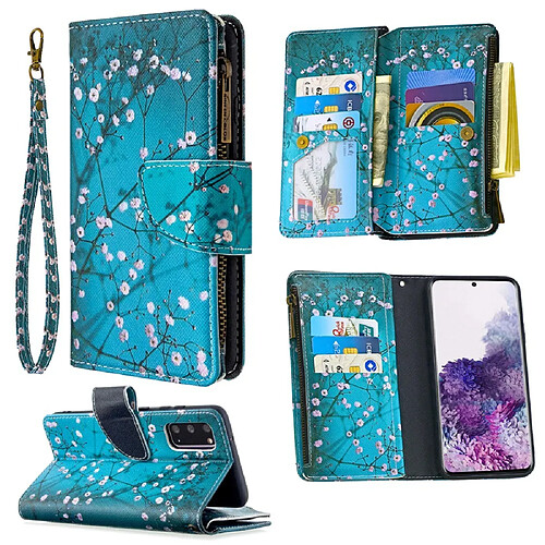 Etui en PU fermeture éclair à motifs avec 9 porte-cartes fleurs blanches pour votre Samsung Galaxy S20