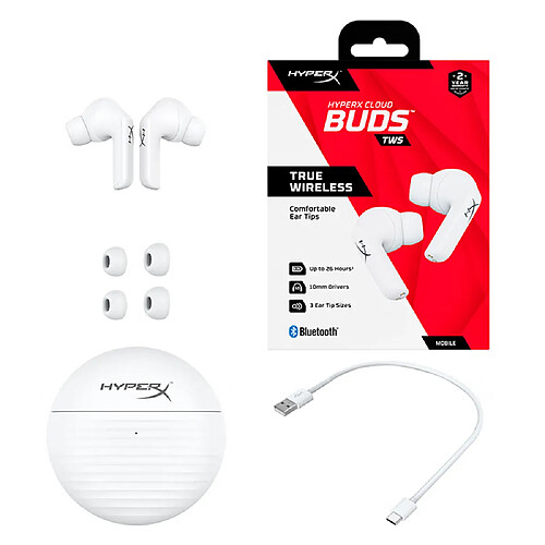 HyperX Cloud Buds Casque de jeu BT sans fil véritableCasque intra-auriculaire 10 mm générant du sonAppairage rapideCommandes tactiles sensiblesBlanc