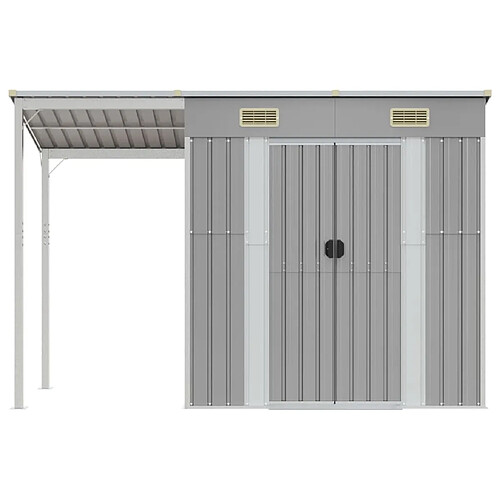 Helloshop26 Abri de jardin cabane cabanon maison de stockage remise extérieur hangar outils robuste avec toit prolongé clair 277 x 110,5 x 181 cm gris 02_0022218