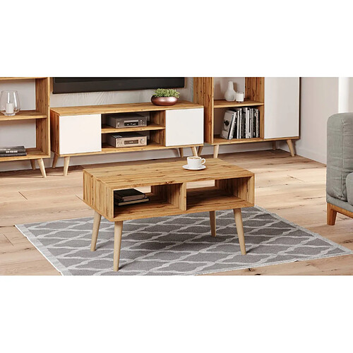 Alter Table basse de salon, Table porte-revues avec 2 étagères et pieds, style scandinave, 55x90h55 cm, couleur érable