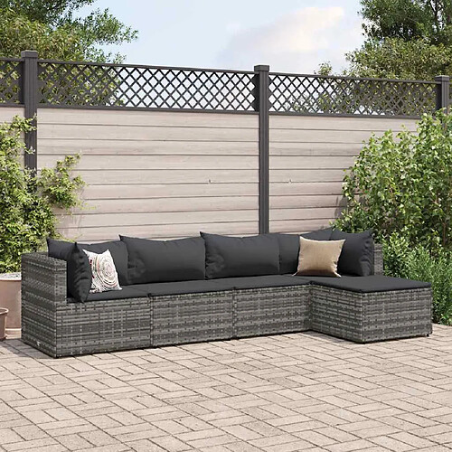 vidaXL Salon de jardin 5 pcs avec coussins Gris Résine tressée