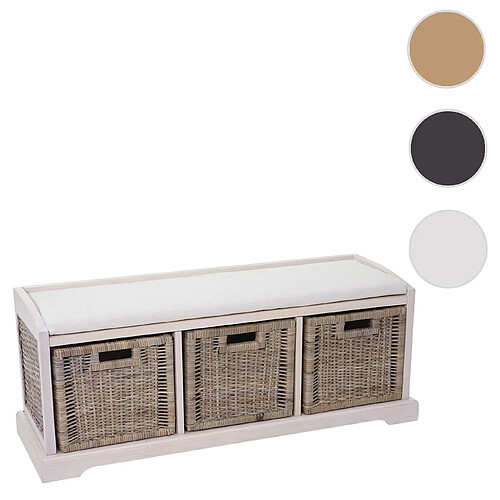 Mendler Banc / banquette Bienne, boîte de rangement, 3 paniers, treillis en rotin kubu, 112x46x37cm ~ blanc