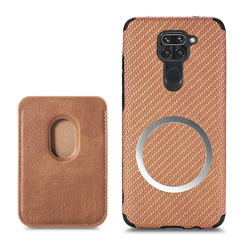 Coque en TPU + PU texture fibre de carbone avec porte-carte, marron pour votre Xiaomi Redmi Note 9 (MTK Helio G85)/Redmi 10X 4G