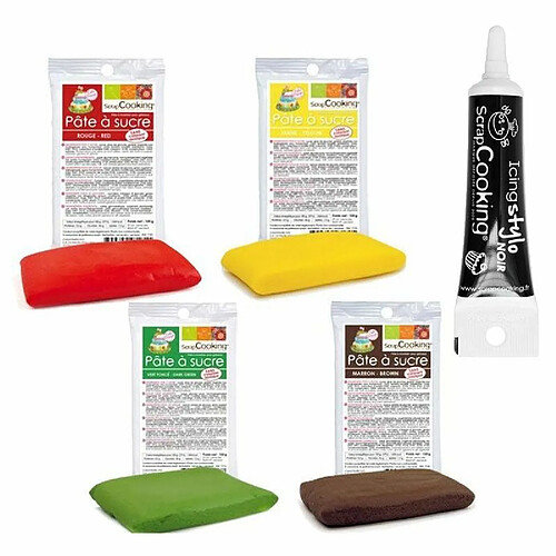 Scrapcooking 4 pâtes à sucre rouge vert marron jaune + Stylo glaçage noir