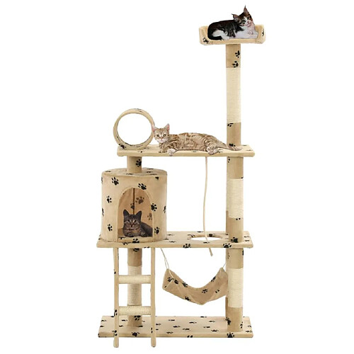 Helloshop26 Arbre à chat griffoir grattoir niche jouet animaux peluché en sisal 140cm beige motif de pattes 3702105