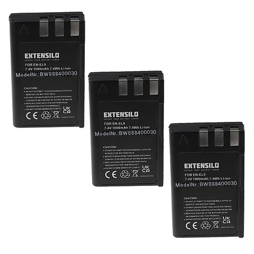 Vhbw EXTENSILO 3x Batteries compatible avec Nikon D40 SLR, D40x DSLR, D60 DSLR, D3000, D5000 appareil photo, reflex numérique (1000mAh, 7,4V, Li-ion)