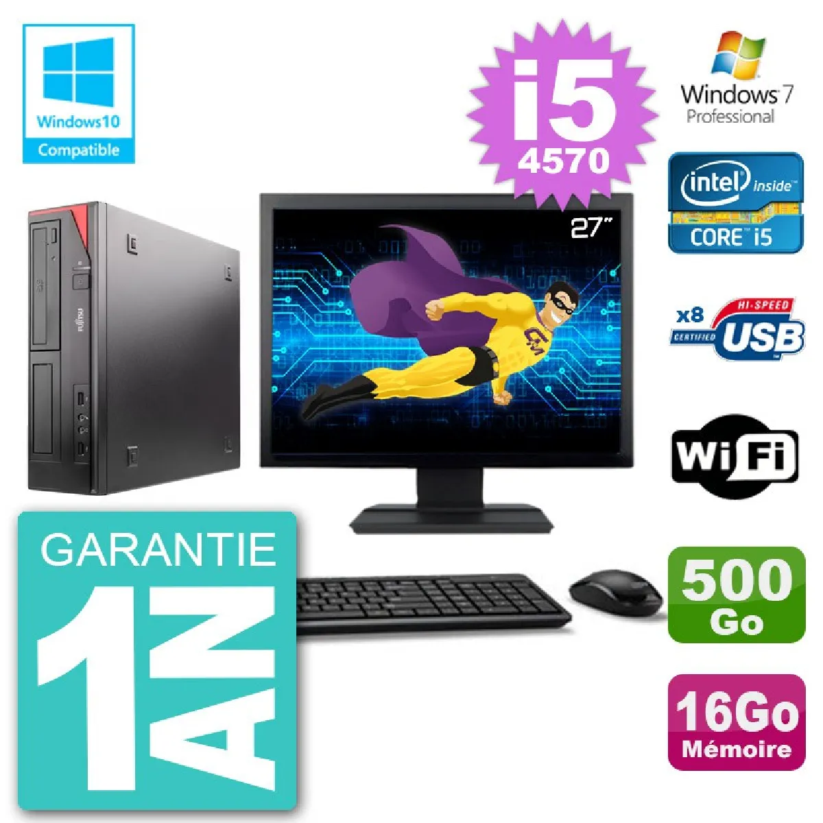 PC Fujitsu Esprimo E520 Ecran 27" i5-4570 RAM 16Go 500Go Graveur DVD Wifi W7 · Occasion