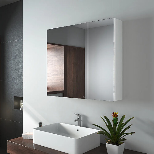 EMKE Armoire à miroir avec miroir poignée invisible Armoire miroir de salle de bain avec étagères en verre réglables en hauteur 75×65cm Blanc