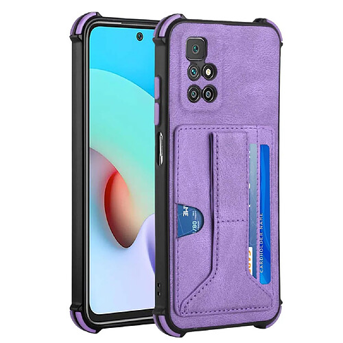 Coque en TPU + PU coussin aux quatre coins, anti-rayures avec béquille et porte-cartes violet pour votre Xiaomi Redmi 10/Redmi 10 Prime