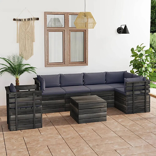 vidaXL Salon palette de jardin 7 pcs avec coussins Bois de pin massif