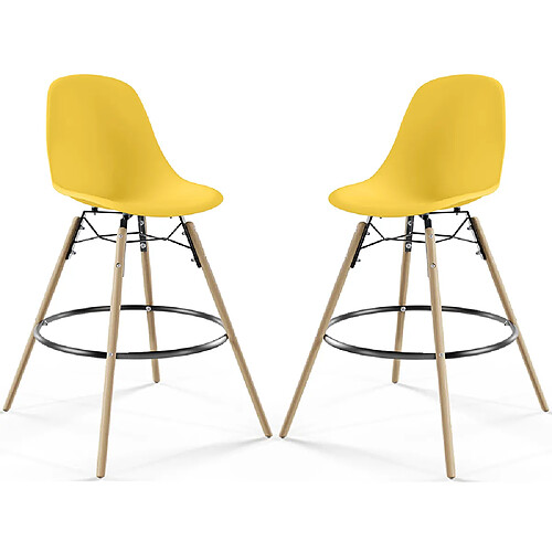 ICONIK INTERIOR Tabouret de Bar - Design Scandinave - Pieds en Bois - Lot de 2 - Skögur Jaune