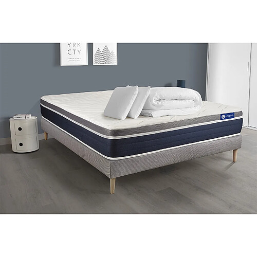 ACTISOM Pack prêt à dormir ACTIFLEX CONFORT Matelas Ressorts ensachés+mémoire de forme 200x200 + sommier KIT gris +2oreillers+couette