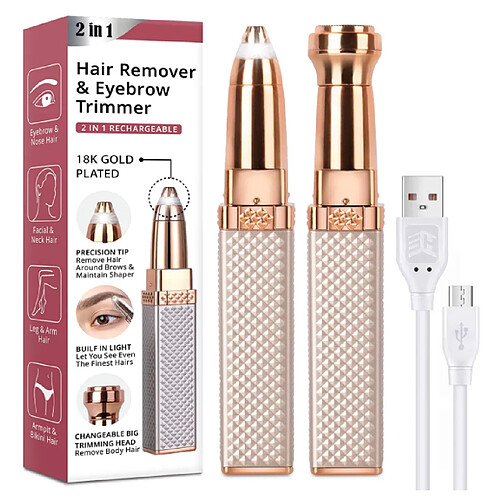 Chrono Tondeuse à sourcils et épilation du visage pour femme, rasoir à sourcils 2 en 1 et rasoir à cheveux indolore rechargeable (or rose)