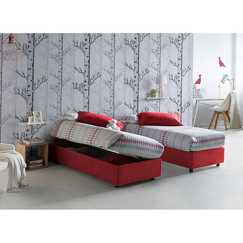 Autrement Talamo Italia Silvia lit queen size avec conteneur, Made in Italy, en tissu amovible, 120x190 cm, avec ouverture latérale, Rouge, avec matelas inclus.