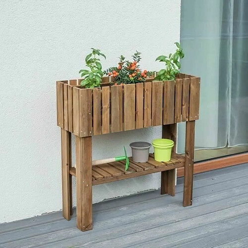 EKJU - Carré potager surélevé avec étagere en pin de l'Europe teinté brun - 39 L - 78 x 29 x 79 cm