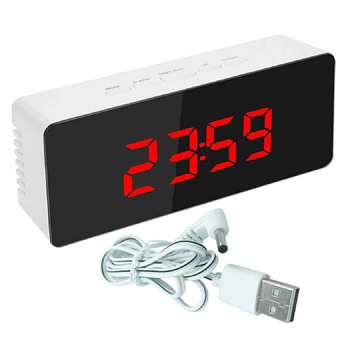 Miroir LED Réveil Numérique Chevet Snooze Minuterie De Sommeil 12/24 Heures Blanc