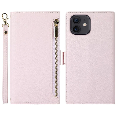 Etui en PU texture litchi avec support, pochette à fermeture éclair et sangle pour votre iPhone 11 6.1 pouces - violet clair