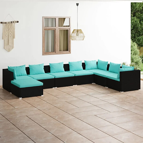 vidaXL Salon de jardin 8 pcs avec coussins Résine tressée Noir