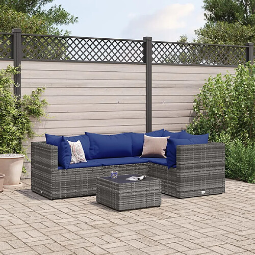 vidaXL Salon de jardin 5 pcs avec coussins Gris Résine tressée