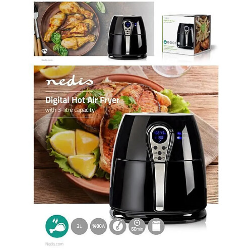 NEDIS Friteuse sans huile Air Fryer 3L 1400W avec Tiroir amovible revêtement anti-adhérant 80-200 °C + Minuteur numérique