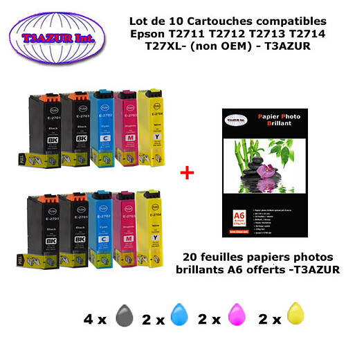 T27XL- 10 cartouches compatibles Epson T2711 T2712 T2713 T2714 pour Epson WF 7715DWF 7720DTWF -20f A6 brillantes -T3AZUR