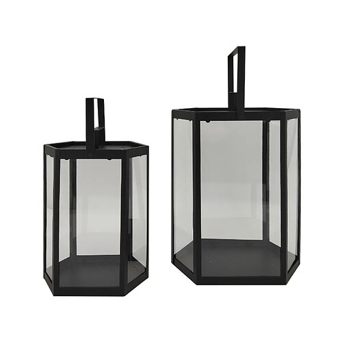 Mobili Rebecca Lot De 2 Lanternes Bougeoirs En Métal Et Pvc Noir Pour Intérieur Et Extérieur Moderne