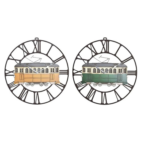 Look & Feel Horloge Murale DKD Home Decor Métal Vert Jaune Vintage Train (49,5 x 3,5 x 48 cm) (2 Unités)