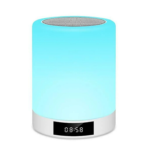 Chrono Veilleuse Bluetooth haut-parleur, haut-parleur portable sans fil à commande tactile, lampe de chevet, réveil, radio FM, veilleuse chaude à intensité variable et lumière de couleur(Blanc)