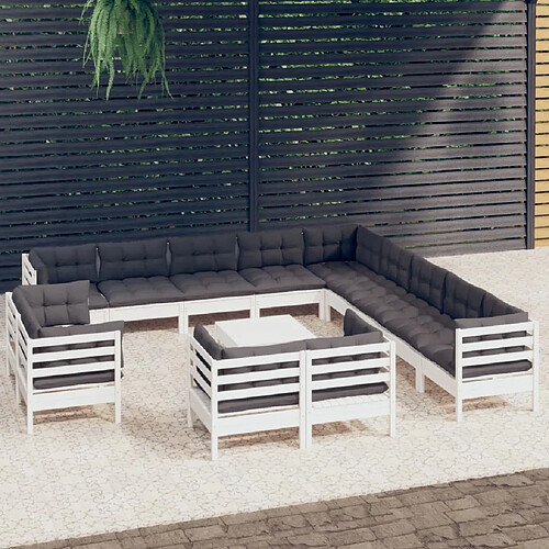 vidaXL Salon de jardin 14 pcs avec coussins blanc bois de pin solide