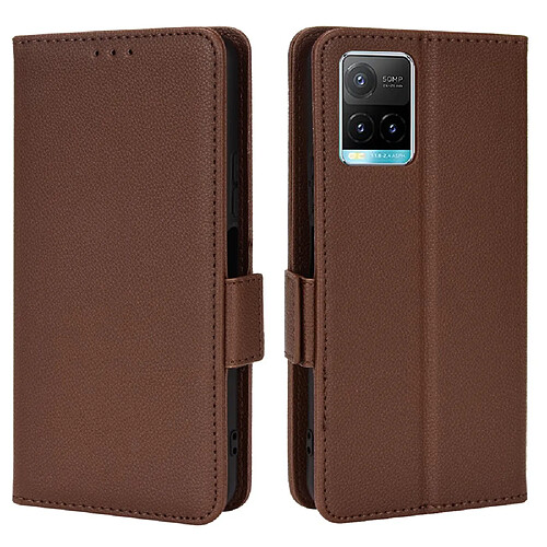 Etui en PU texture litchi, fermoir magnétique avec support, marron pour votre Vivo Y21/Y21s/Y33s