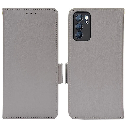 Etui en PU texture litchi, double fermeture magnétique avec support, gris pour votre Oppo Reno6 5G