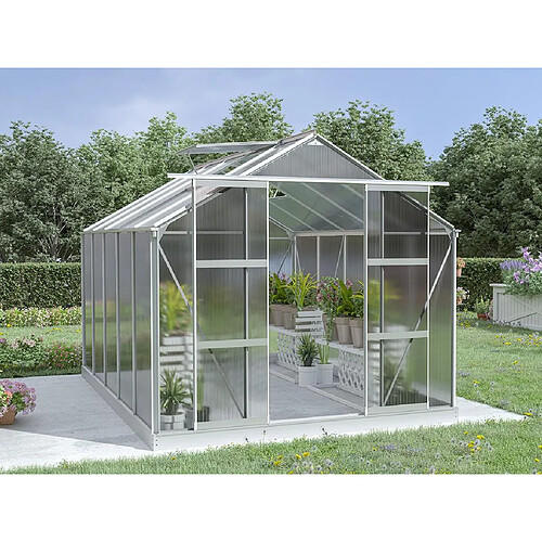 Vente-Unique Serre de Jardin en polycarbonate de 9 m² avec embase - Gris métallique - COROLLE II