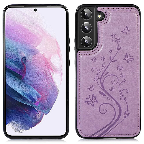 Coque en TPU + PU motif fleur, deux boutons magnétiques avec béquille et porte-cartes violet pour votre Samsung Galaxy S22 5G