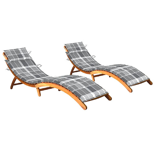 Helloshop26 Lot de 2 transats chaise longue bain de soleil lit de jardin terrasse meuble d'extérieur avec coussins bois d'acacia solide 02_0012040