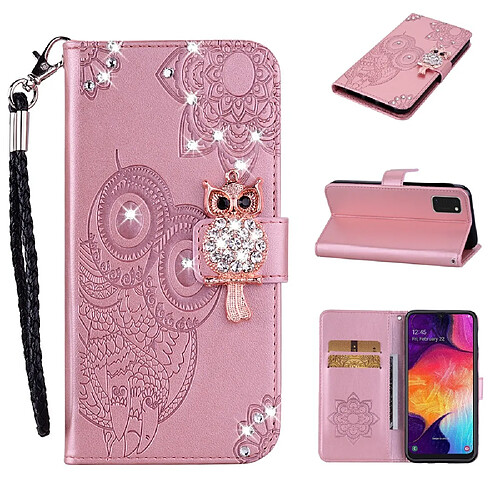 Etui en PU décor de strass imprimé hibou or rose pour votre Samsung Galaxy A41 (Global Version)