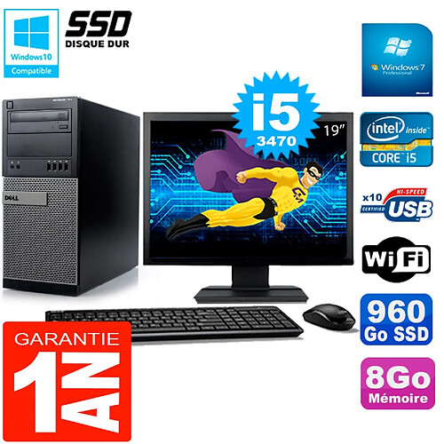 PC Tour DELL 7010 Ecran 19" Core I5-3470 RAM 8Go Disque 960 Go SSD Wifi W7 · Occasion