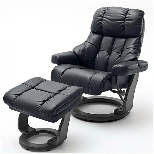 Inside 75 Fauteuil relax CLAIRAC XL assise en cuir noir pied en bois couleur noir avec repose pied