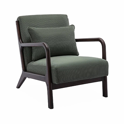 Fauteuil velours côtelé vert pieds bois d'hévéa | sweeek