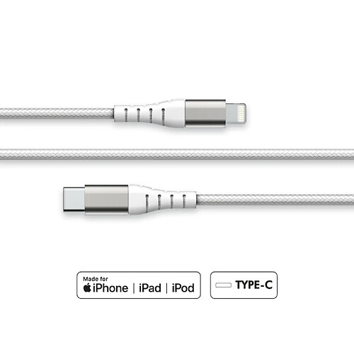 BIGBEN Câble Renforcé USB C/Lightning 2m 3A Garanti à vie Blanc Force Power Lite