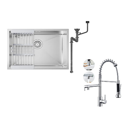 Auralum MAX Évier Cuisine 1 Bac 60*44*20CM,inox 304,à Encastrer/sous-plan avec Panier Drainage,Nano Silver+Robinet Cuisine Rotatif 360° Douchette Extractible