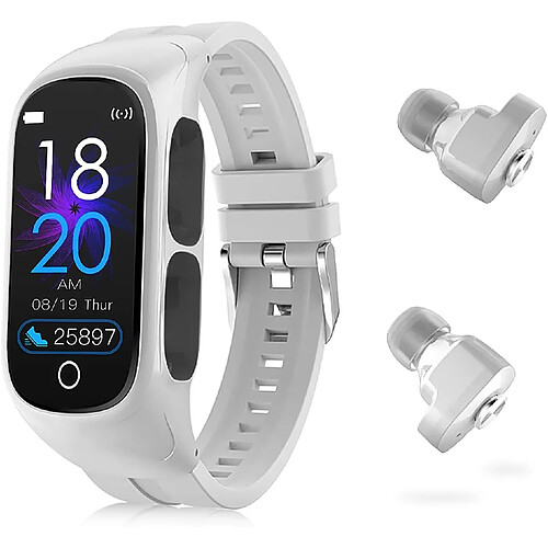 Chrono Fitness Tracker Écouteurs Smart-Watch - Bracelet d'activité 2 en 1 Écouteurs sans fil Bluetooth Recevoir des appels Messages Contrôle de la musique Suivi du sommeil Podomètre Compteur de calories pour femmes Hommes Enfants(blanc)