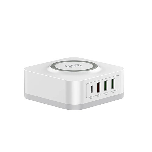 Chargeur secteur WE 3 Port USB A + 1 Port USB-C + 1 socle charge sans-fil, Total 32W, Power Delivery/QC 3.0, coloris blanc.