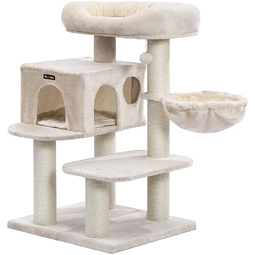 Helloshop26 Arbre à chat avec plate forme d'observation hamac grande grotte troncs épais en sisal stable 112 cm beige 12_0000137